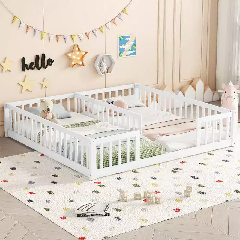 Lit double superposé avec barrière de sécurité, lit plateforme en bois avec clôture pour 2 enfants