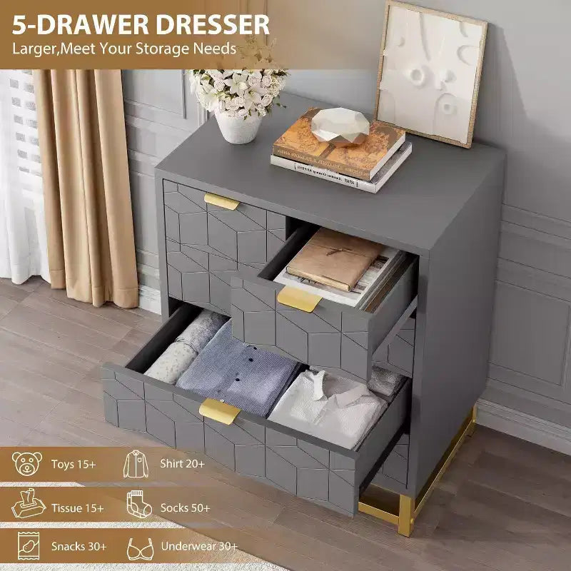 Commode de rangement moderne Acekool à 5 tiroirs avec poignées métalliques pour chambre, salon ou entrée - Blanc avec pieds en métal doré
