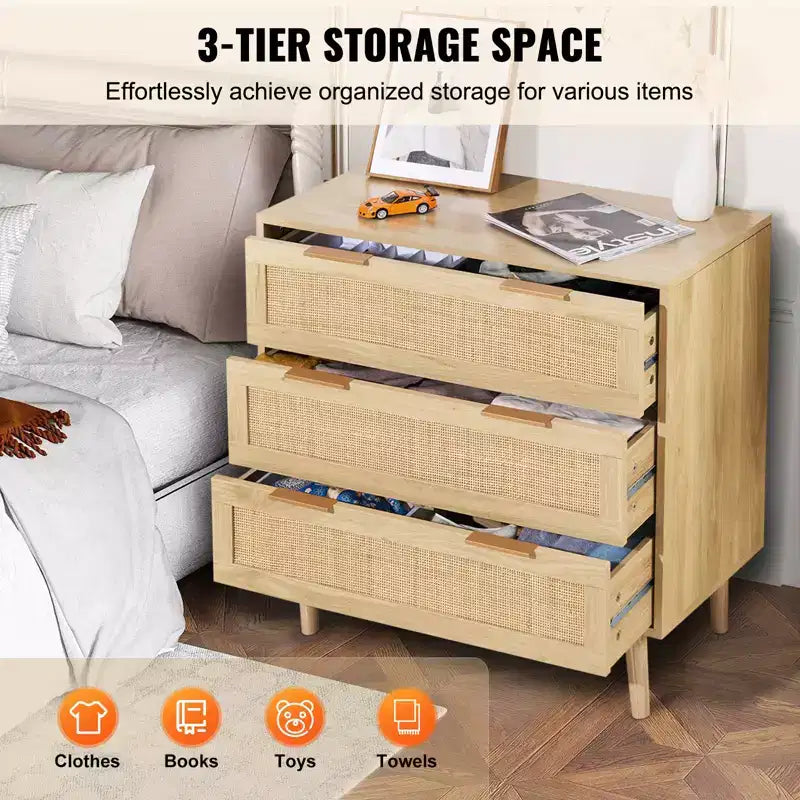 Commode 3 tiroirs en rotin VEVOR, Commode de placard en rotin naturel avec 3 tiroirs, Organisateur et rangement de vêtements de poitrine en bois moderne de style bohème, Couleur bois