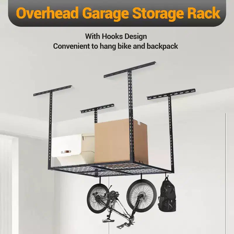 Rangement suspendu pour garage - Étagères robustes et réglables en acier laminé à froid.