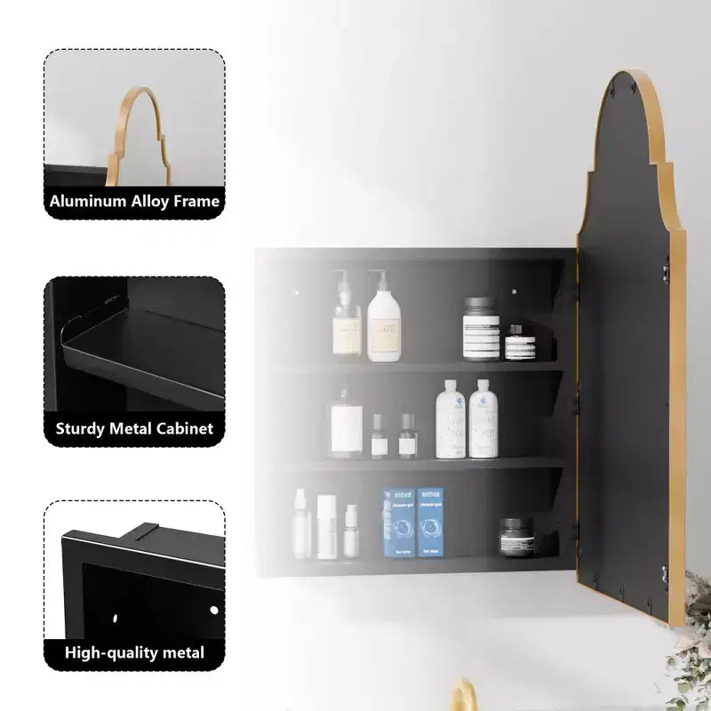 Armoire à pharmacie avec miroir, encadrement en fer forgé doré, 19,5 x 29,64 pouces, armoire murale pour salle de bain