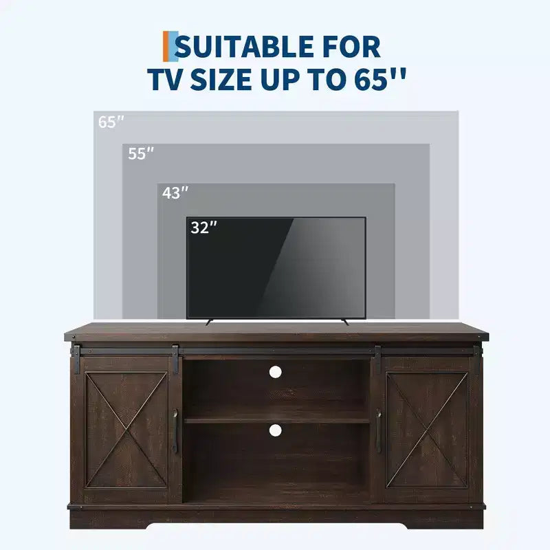 Meuble TV de style rustique pour téléviseurs jusqu'à 65 pouces, meuble de rangement avec portes coulissantes de grange, placards de rangement en bois et étagère réglable