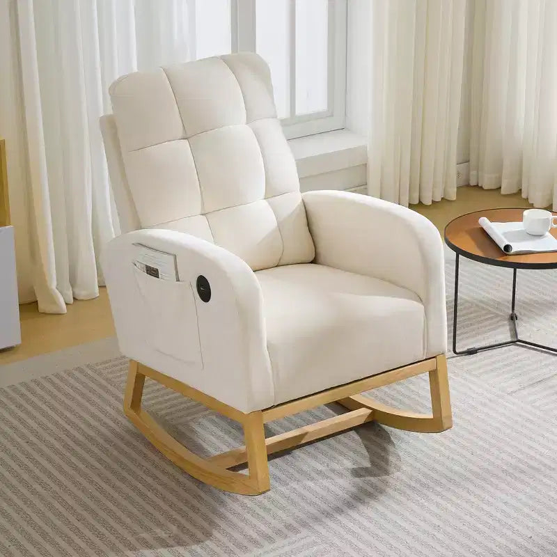 Fauteuil à bascule moderne pour chambre d'enfant, fauteuil à bascule en lin avec port USB et pochette latérale, fauteuil à bascule planeur pour salon, chambre à coucher, salle d'allaitement