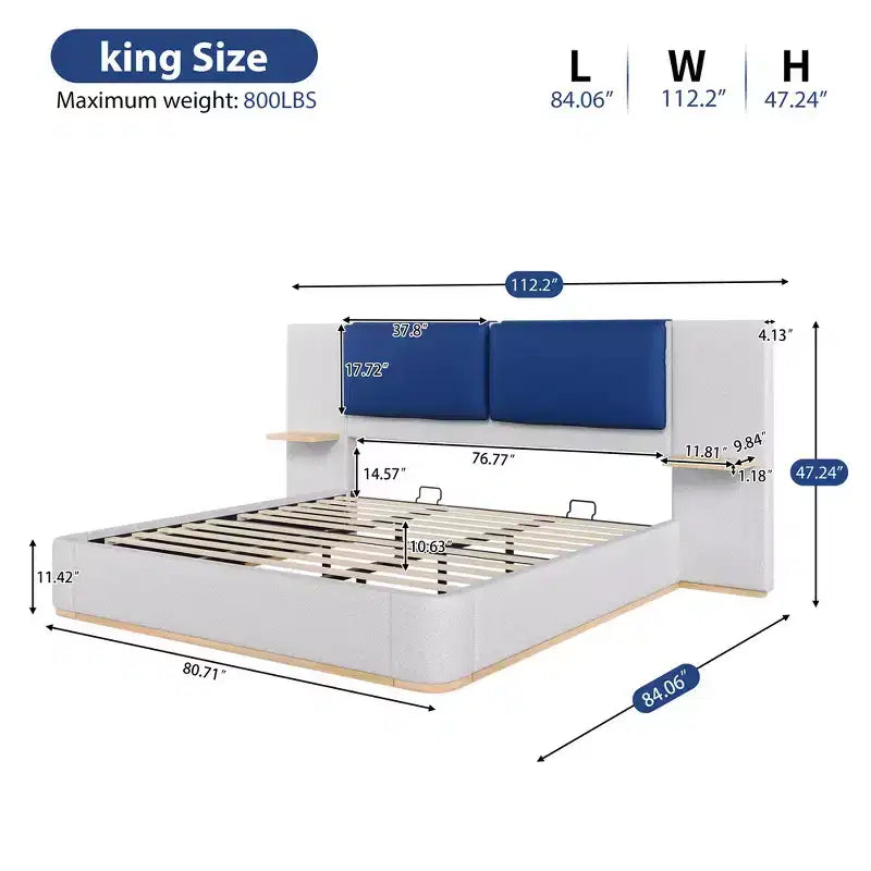 Cadre de lit plateforme capitonné Whisen King Size avec étagères de rangement latérales, tête de lit et panneau en PU doux, anti-collision, assemblage facile