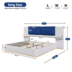 Cadre de lit plateforme capitonné Whisen King Size avec étagères de rangement latérales, tête de lit et panneau en PU doux, anti-collision, assemblage facile