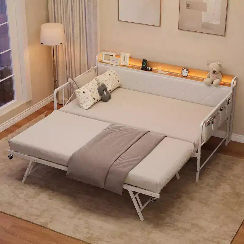 Lit de repos avec lit gigogne et lumière LED, cadre de lit double avec tête de lit rembourrée et station de charge, cadre de lit de repos en métal ou pour salon