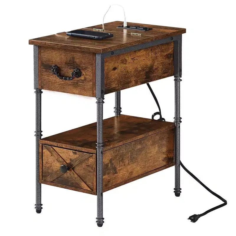 Table de chevet VECELO avec station de charge et tiroir, table d'appoint étroite avec port USB et prises électriques pour salon ou chambre à coucher, marron