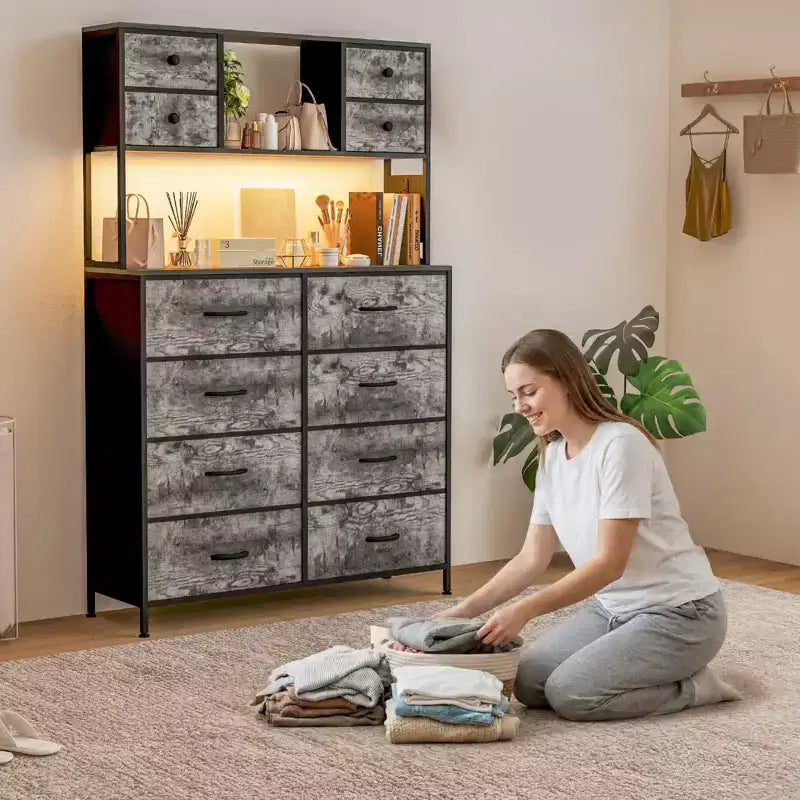 Commode de chambre, commode en tissu à 12 tiroirs, étagères ouvertes, plateau en bois et cadre en métal pour chambre à coucher, couloir ou salon