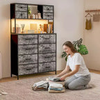 Commode de chambre, commode en tissu à 12 tiroirs, étagères ouvertes, plateau en bois et cadre en métal pour chambre à coucher, couloir ou salon