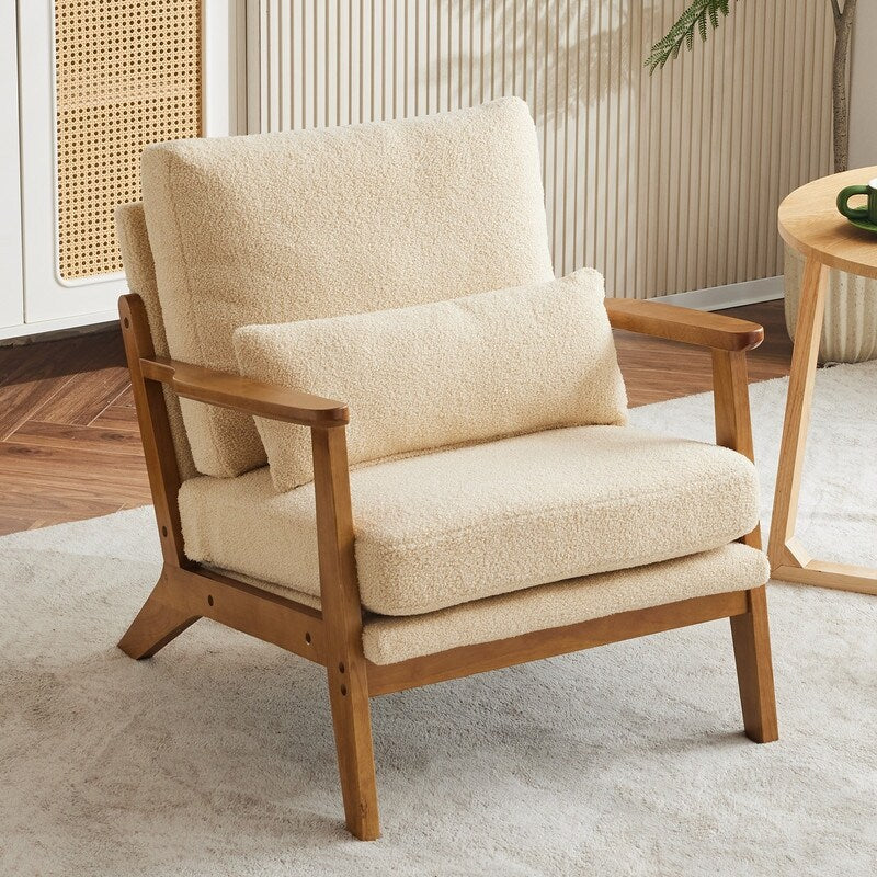 Fauteuil d'appoint rembourré en mélange de lin avec pieds en bois et un oreiller beige