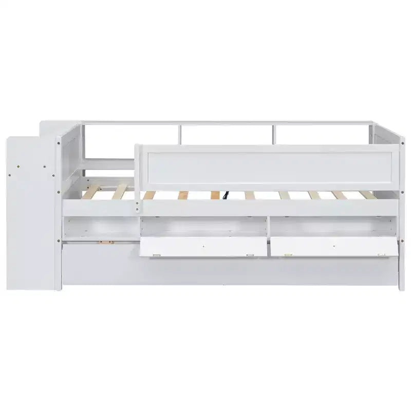 Lit de jour multifonctionnel double avec tiroirs et lit gigogne, rangement intégré à la tête de lit, table et station de recharge USB ModernLuxe
