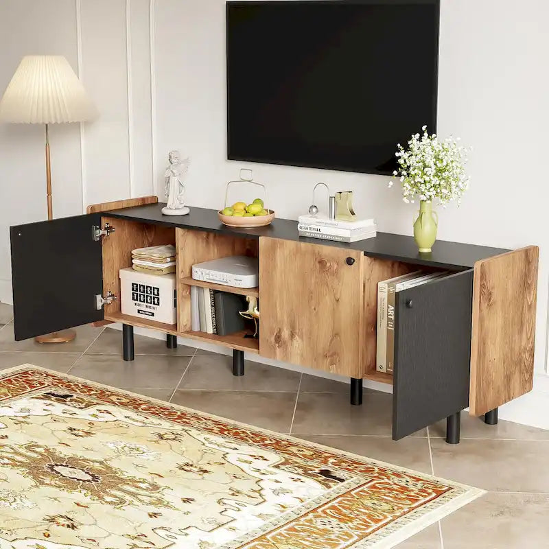 Meuble TV Mid-Century avec 3 armoires, console multimédia pour téléviseurs jusqu'à 70 pouces, centre de divertissement avec rangement