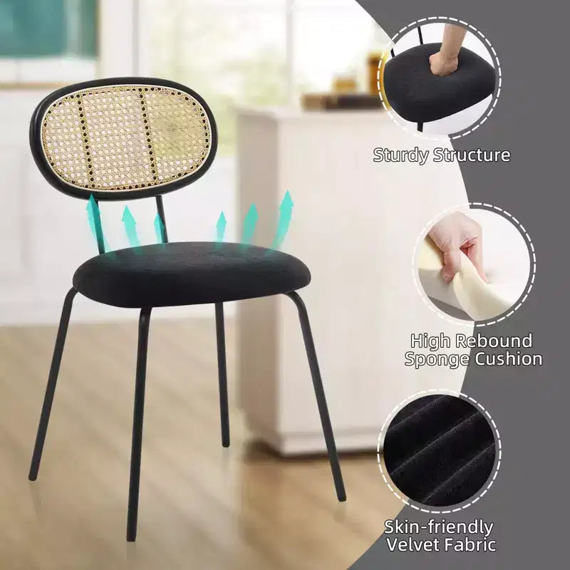 Lot de 2 chaises de salle à manger Acekool Mid Century Modern en velours avec dossier en rotin et pieds en métal pour cuisine ou salon