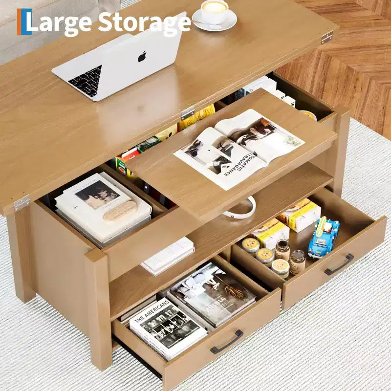 Table basse relevable Coolmee 40, table basse convertible multifonctionnelle avec tiroirs et compartiment caché, se transforme en table à manger
