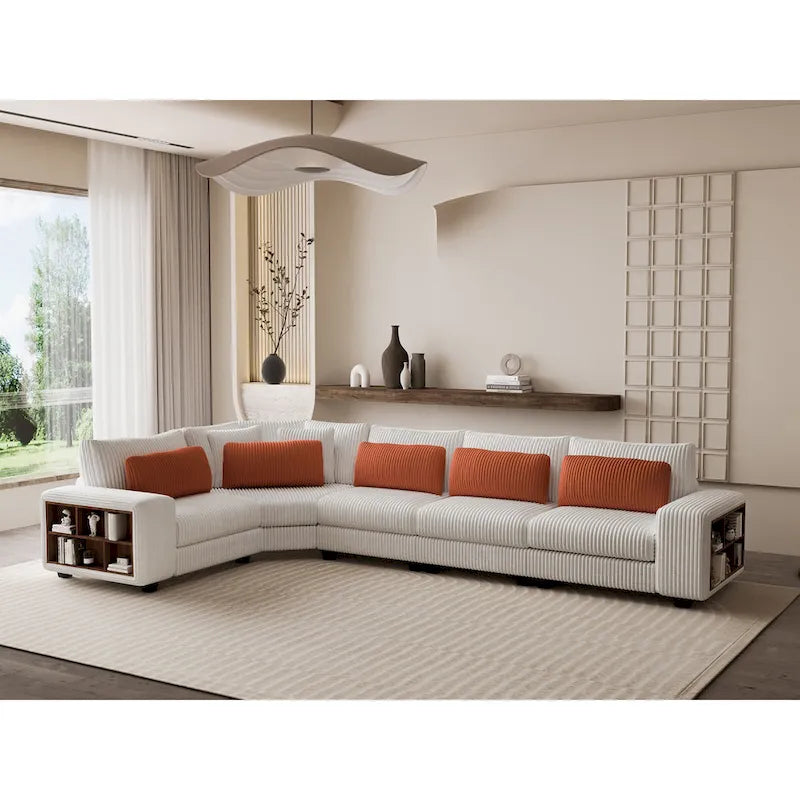 Canapé d'angle modulable 5 places en L avec oreillers, accoudoirs en bois et étagères de rangement polyvalentes, 142 po