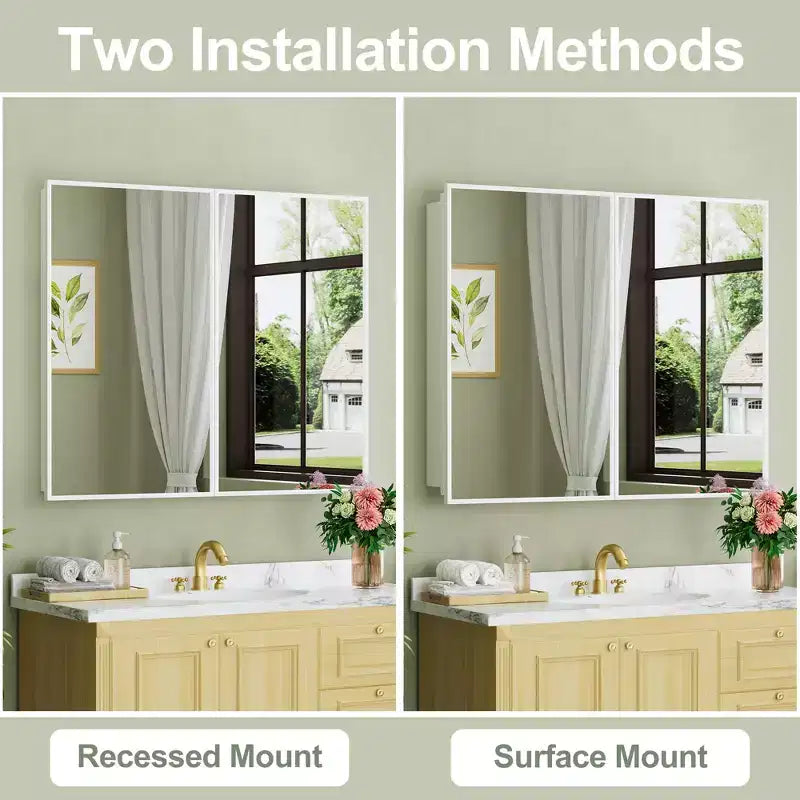 Armoire à pharmacie Elise avec miroir, armoire de salle de bain à montage en surface ou encastré, étagères réglables en verre trempé, réversible