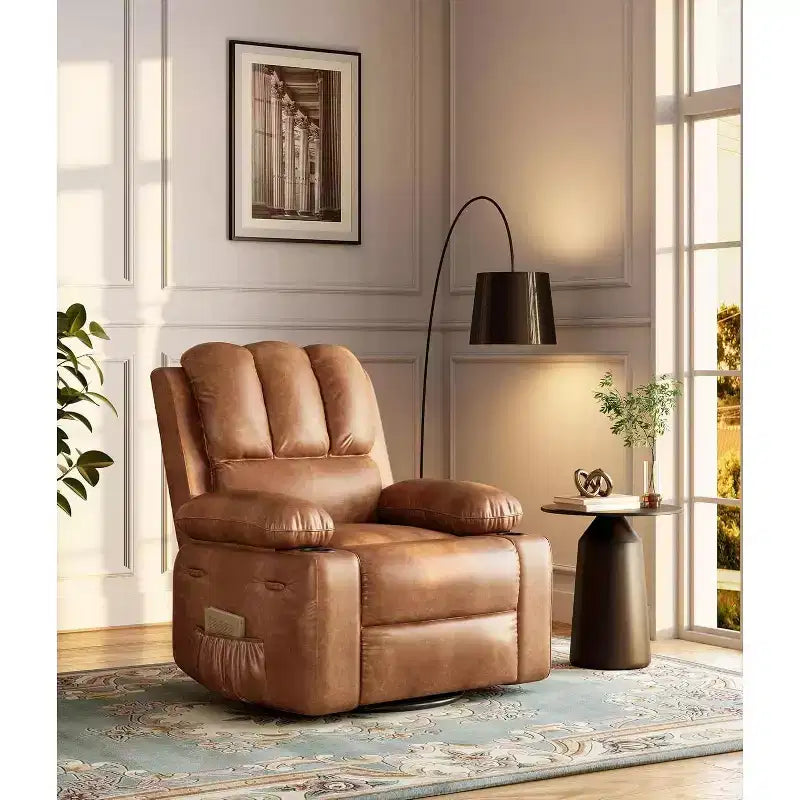 Fauteuil inclinable pour adultes, fauteuil inclinable manuel à bascule en similicuir, fauteuil inclinable pivotant à 360 degrés avec poche latérale, fauteuil inclinable simple, beige