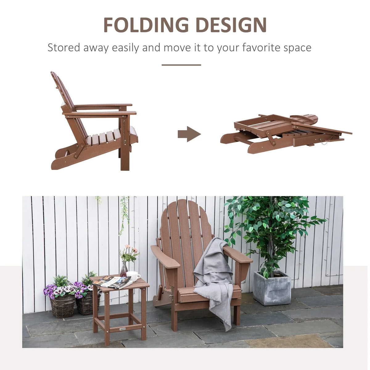 Chaise Outsunny Adirondack Pliante, Chaises de Plage Longues en Plastique HDPE Tout Temps pour Patio, Terrasse et Mobilier de Jardin