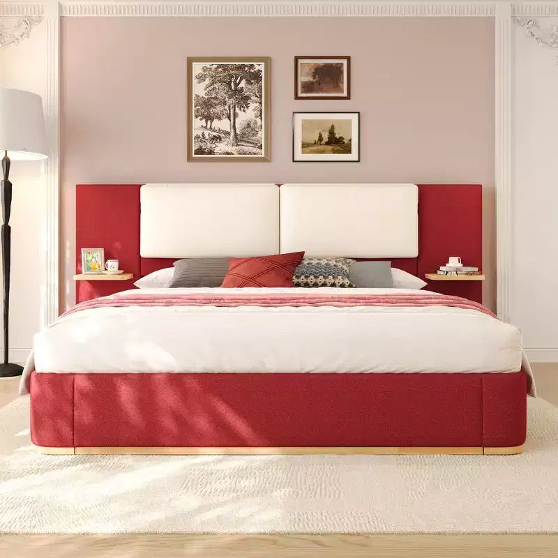 Cadre de lit plateforme capitonné Whisen King Size avec étagères de rangement latérales, tête de lit et panneau en PU doux, anti-collision, assemblage facile