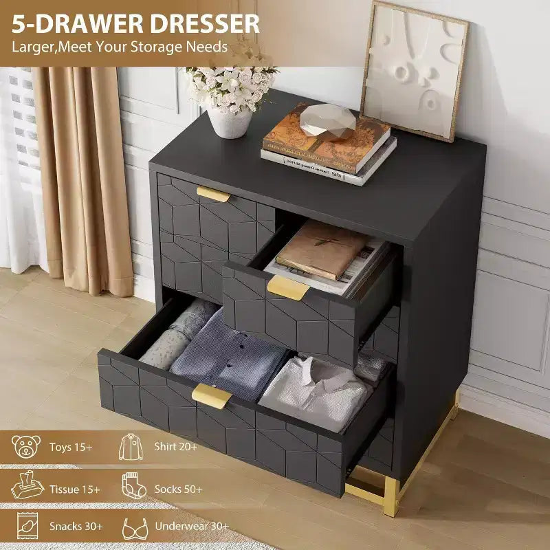 Commode de rangement moderne Acekool à 5 tiroirs avec poignées métalliques pour chambre, salon ou entrée - Blanc avec pieds en métal doré