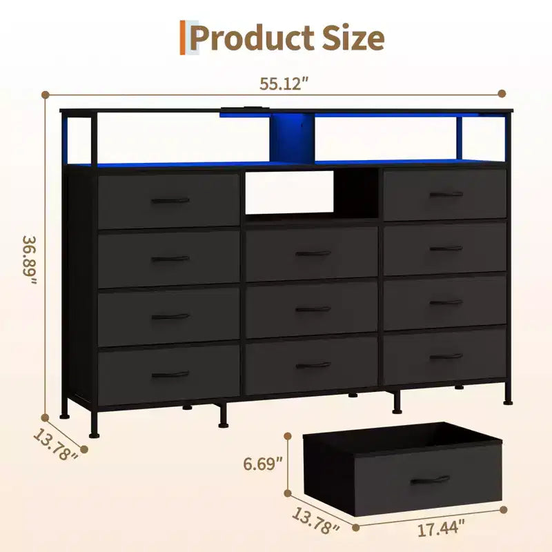 COZONY Meuble TV 55 avec commode en tissu 11 tiroirs et étagères ouvertes, organisateur de rangement pour chambre et salon