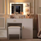 Coiffeuse, coiffeuse avec miroir et 9 ampoules LED, grands tiroirs et trois niveaux de rangement et d'étagères ouvertes pour chambre, blanc