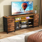 Meuble TV Qwatto 63 pouces marron avec station de charge, lumières LED, 6 tiroirs en tissu, centre de divertissement pour TV jusqu'à 70 pouces, rangement de chambre