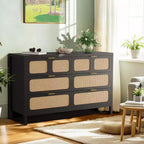 Commode à 6 tiroirs en rotin, poignées en métal, pieds en bois, style bohème et ferme, rangement chêne pour chambre, salon, couloir, entrée