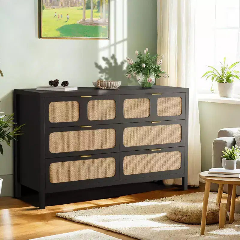 Commode à 6 tiroirs en rotin, poignées en métal, pieds en bois, style bohème et ferme, rangement chêne pour chambre, salon, couloir, entrée