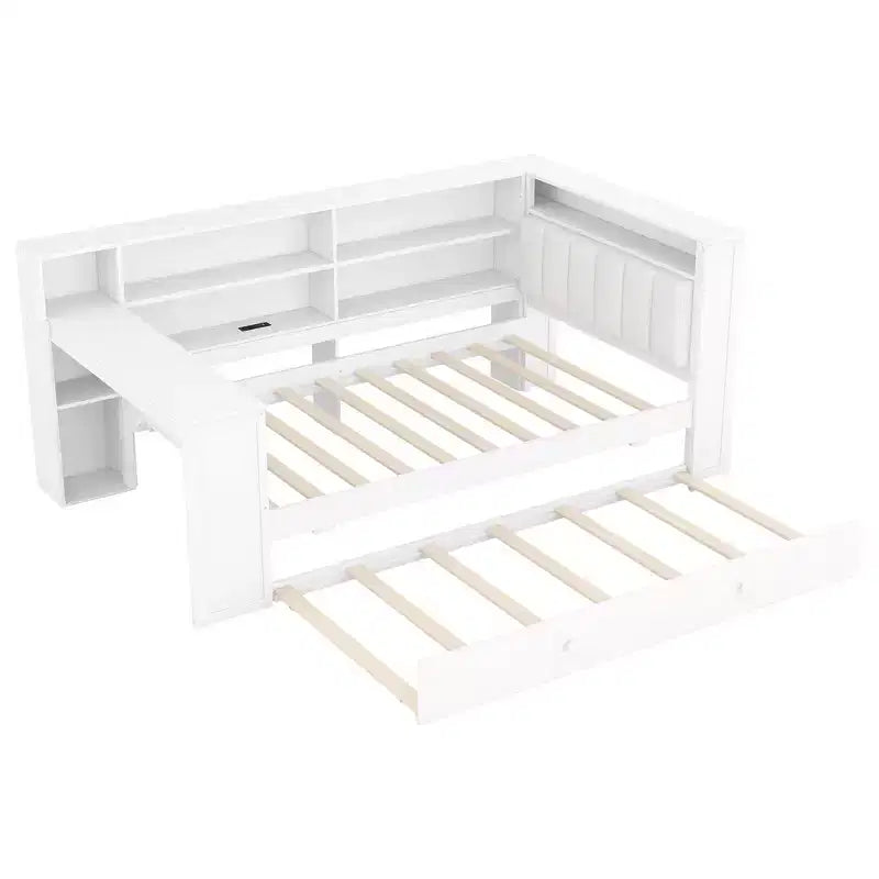 Lit plateforme double en bois Luxystar avec tête de lit capitonnée, 8 étagères de rangement, lit gigogne et bureau