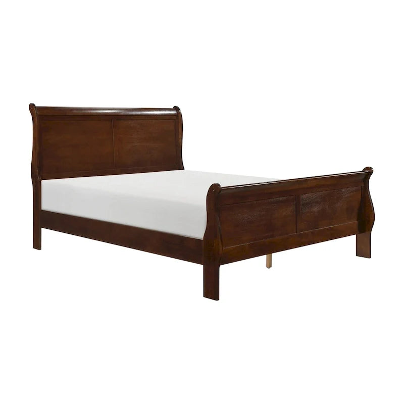 Lit traîneau Queen Gage Traditional, cadre en bois, finition cerise riche marron