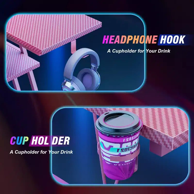 Bureau de jeu en L de 47 pouces rose pour petits espaces, table d'angle pour ordinateur avec support de moniteur, étagères de rangement, bureau de gamer en fibre de carbone, robuste pour salle PC