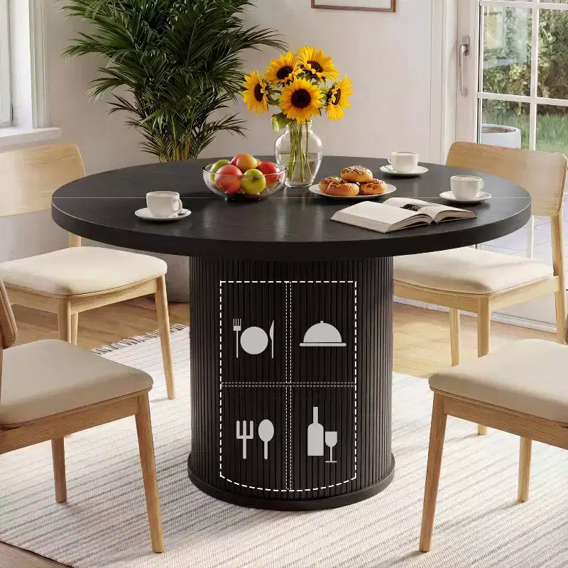 Table de salle à manger circulaire à quatre places Dyonery 35, un modèle moderne avec espace de rangement à double couche et portes coulissantes