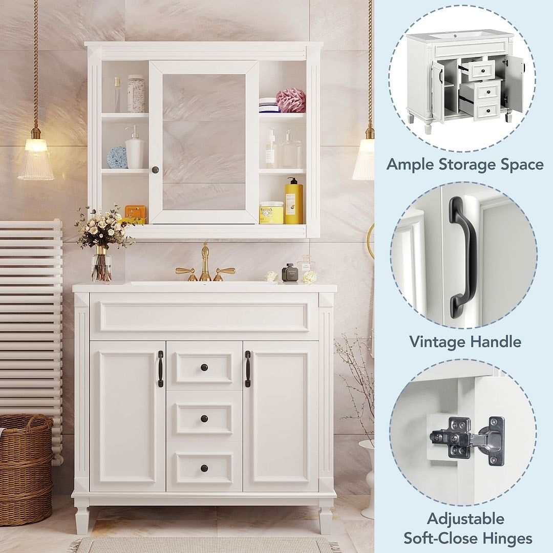Meuble-lavabo de salle de bain moderne de 91 cm avec lavabo et armoire de toilette, 2 portes et 2 tiroirs