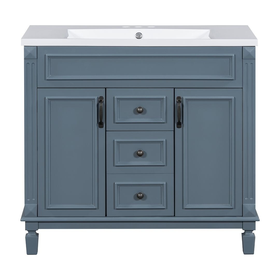 Meuble-lavabo de salle de bain moderne de 91 cm avec lavabo et armoire de toilette, 2 portes et 2 tiroirs