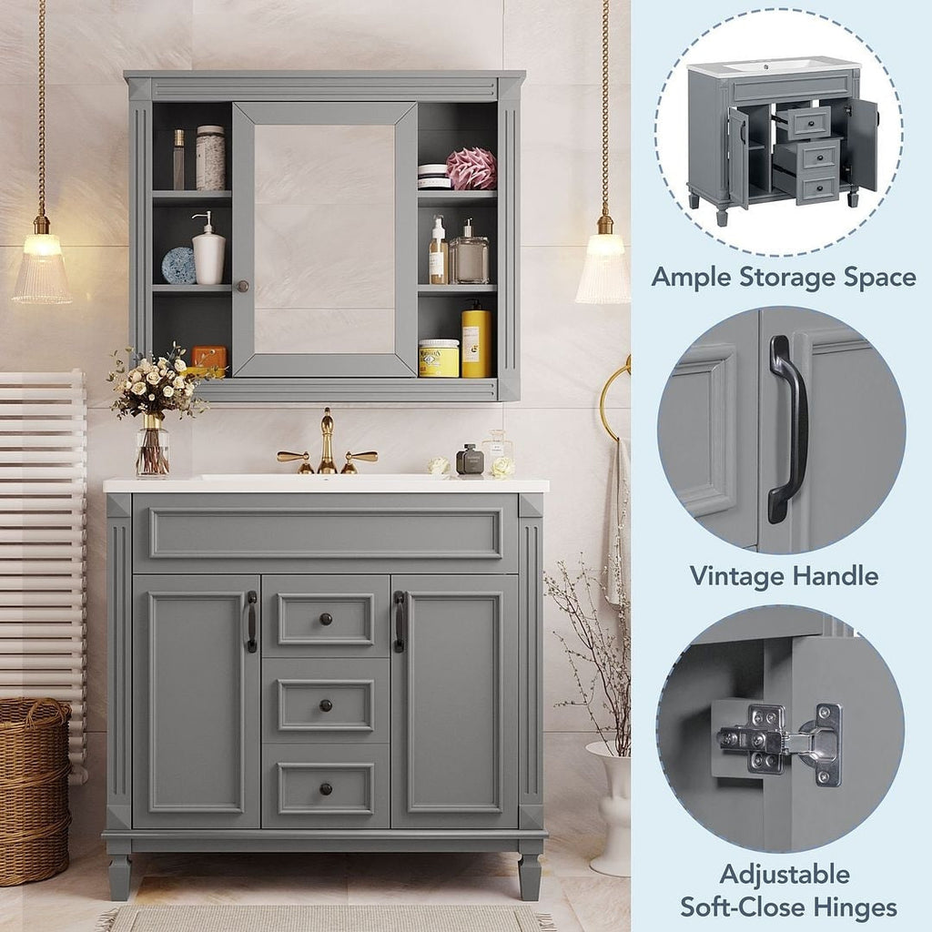 Meuble-lavabo de salle de bain moderne de 91 cm avec lavabo et armoire de toilette, 2 portes et 2 tiroirs