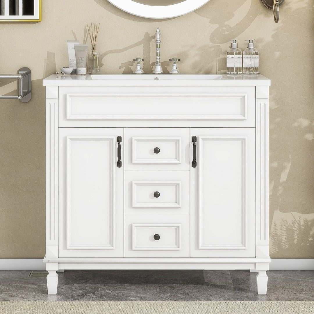 Meuble-lavabo de salle de bain moderne de 91 cm avec lavabo et armoire de toilette, 2 portes et 2 tiroirs