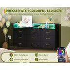 Commode en bois à 9 tiroirs avec lumières LED et station de charge, commode en bois avec contrôle par application, meuble de rangement pour salon, placard