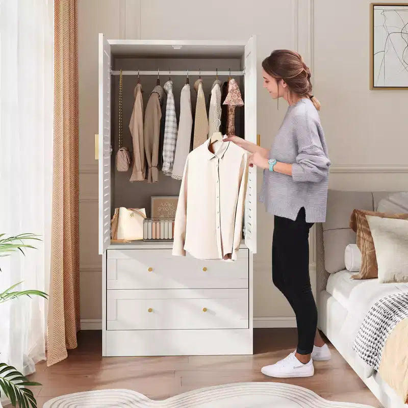 Armoire penderie à persiennes de 165 cm, Meuble de rangement en bois avec 2 portes et 2 tiroirs, Armoire de chambre avec tringle de suspension