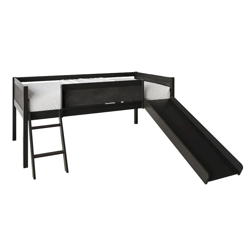 Lit mezzanine bas classique double CraftPorch avec tableau noir, toboggan et échelle