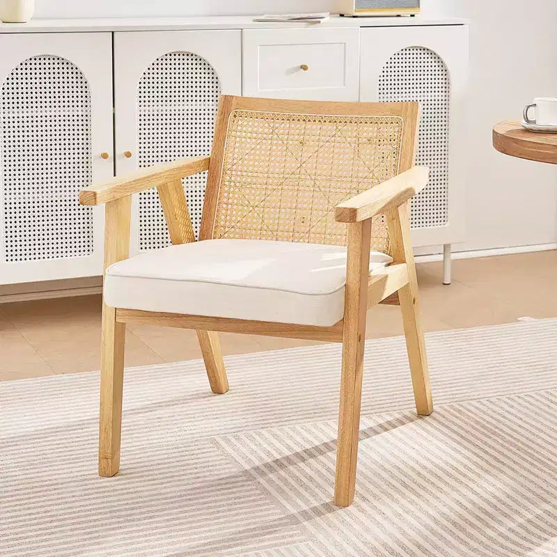 VEVOR Chaise en rotin de style moderne du milieu du siècle, fauteuil d'appoint rembourré en velours avec dossier en rotin, chaise de salon rétro pour salon, chambre à coucher, beige