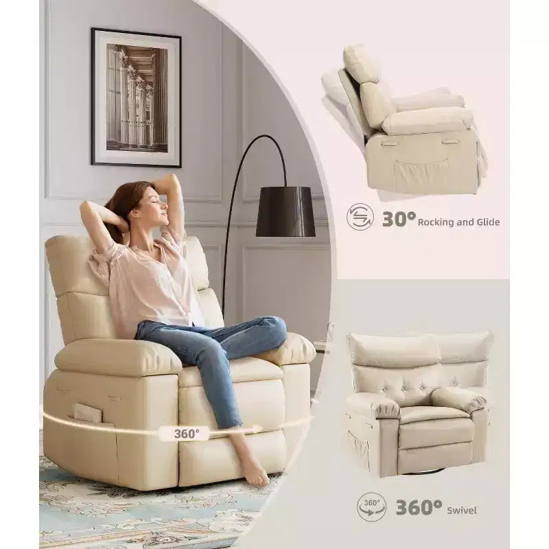 Fauteuils inclinables surdimensionnés de 22'' avec chauffage et massage - Pivotant à 360° - Fauteuil à bascule manuel avec télécommande pour salons et chambres à coucher