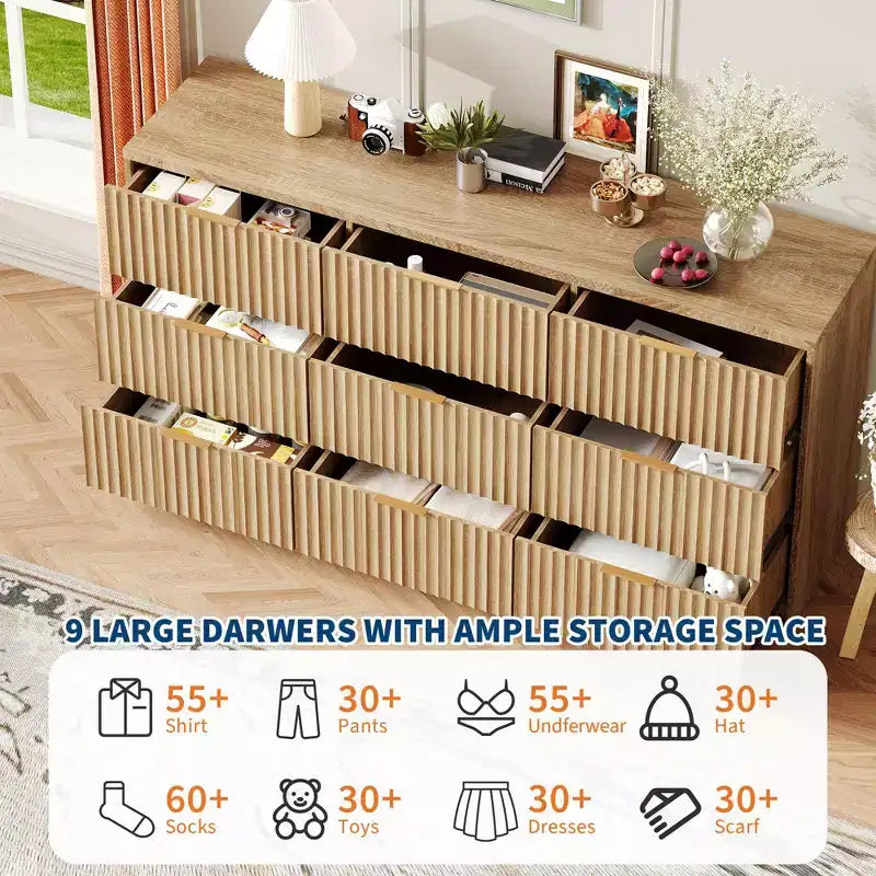 COZONY Commode cannelée à 8/9 tiroirs - Grand meuble de rangement en bois avec poignées métalliques et dispositif anti-basculement pour chambre à coucher, salon, couloir