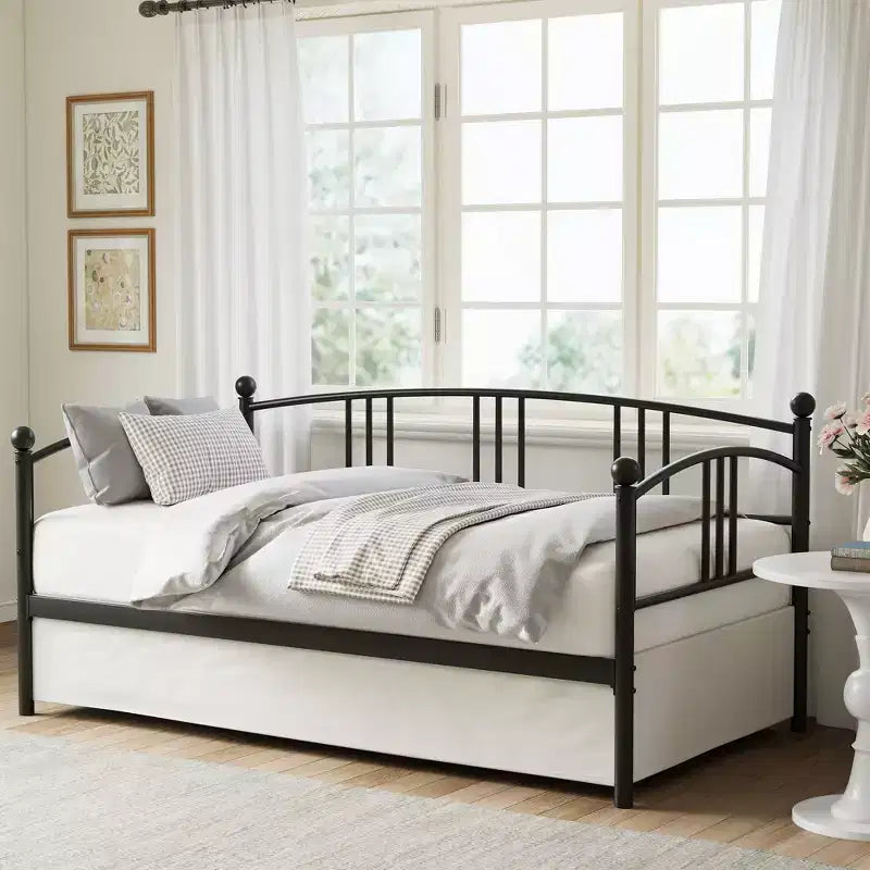 Lit de repos COZONY avec lit gigogne, lit de jour double en métal avec lattes en acier, tête de lit arquée, lit d'appoint peu encombrant pour salon et chambre, noir