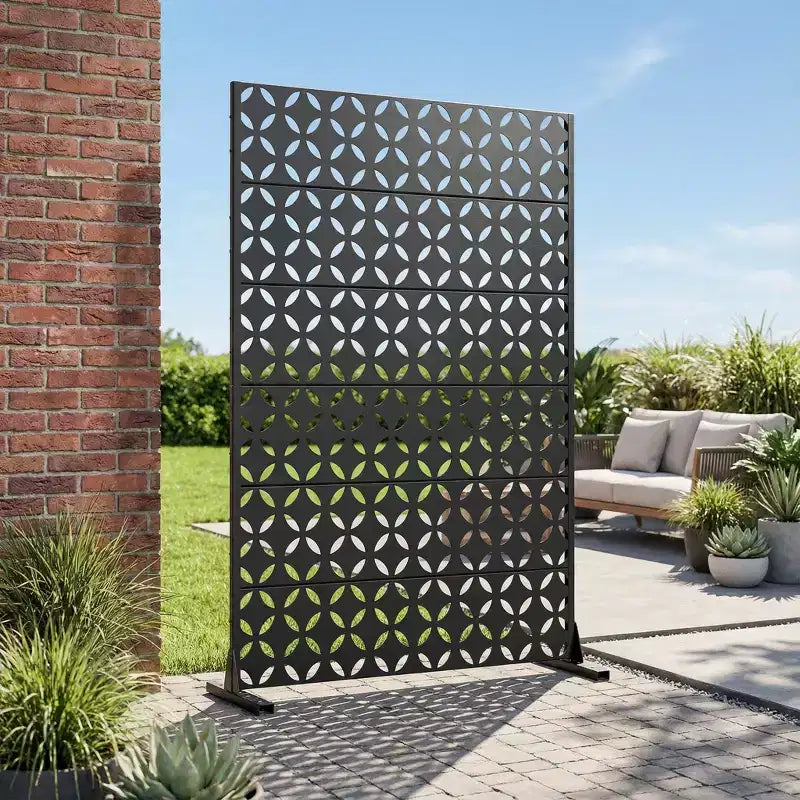 Paravent d'extérieur Dovelina 72H x 47W en métal, panneaux de clôture autoportants noirs pour jardin, terrasse, cour