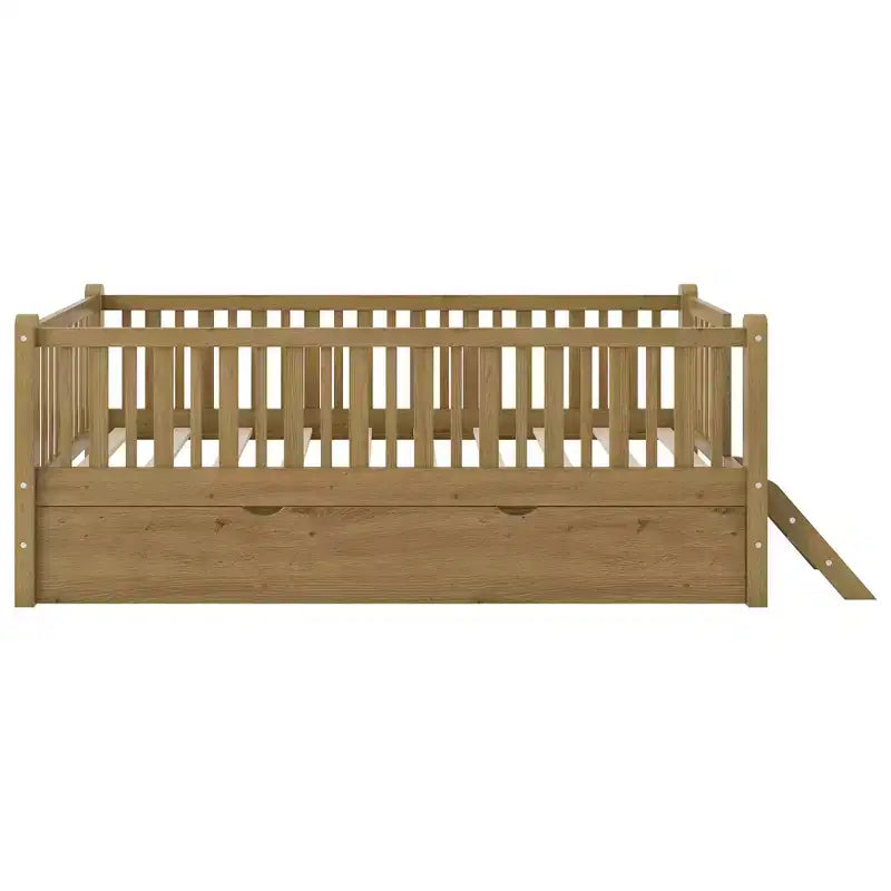 Cadre de lit double avec lit gigogne et garde-corps, lit plateforme bas avec escalier pour garçons et filles