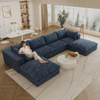 Canapé d'angle modulable en velours côtelé blanc de 4 m avec 2 poufs, grand canapé profond, design double couche, coussin amovible, aucun assemblage requis.