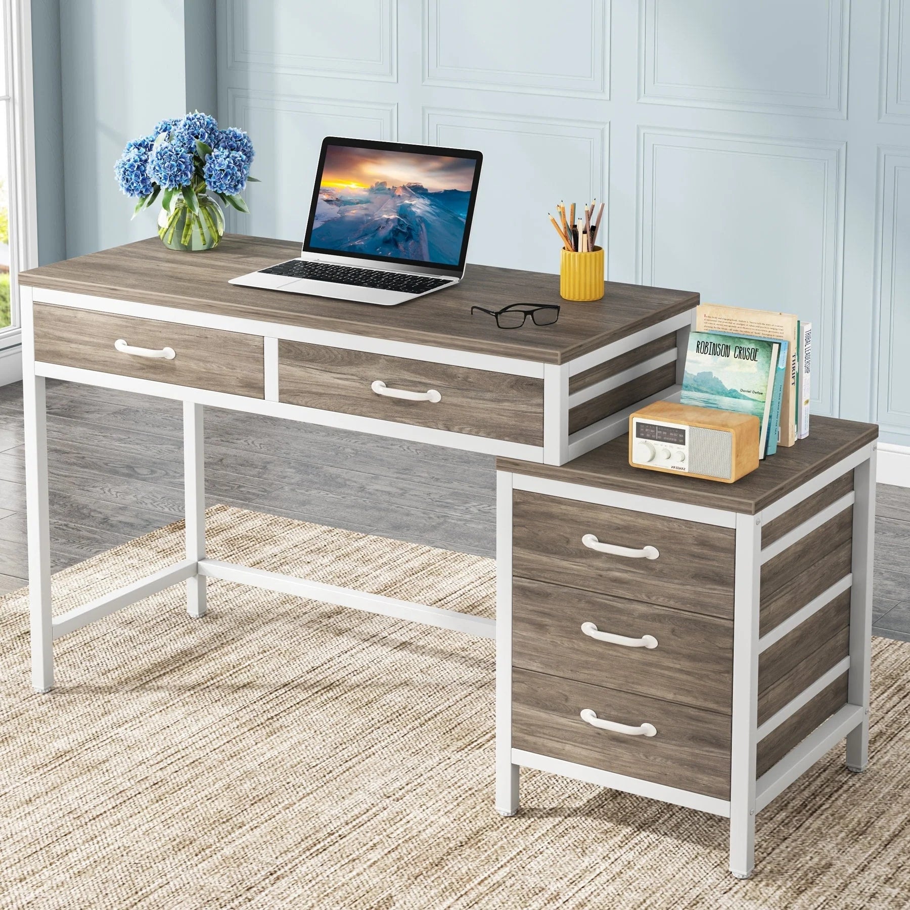 Bureau réversible avec 5 tiroirs, Bureau d'ordinateur de maison avec tiroir classeur et support d'imprimante