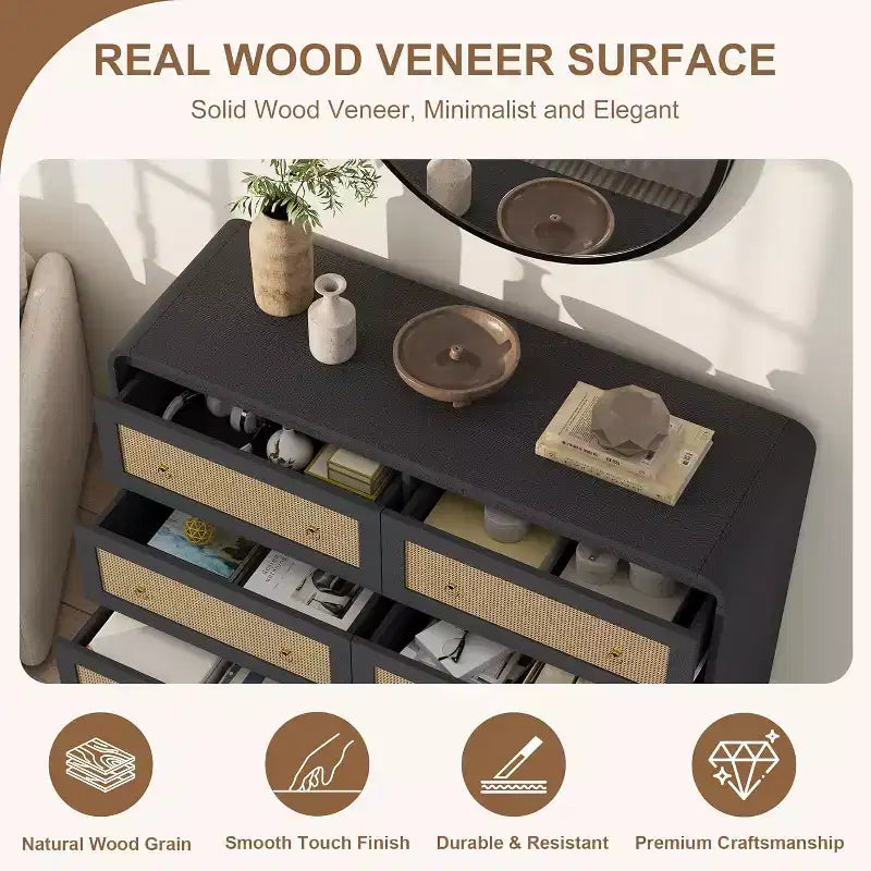 Commode à 6 tiroirs en rotin Acekool, commode moderne pour chambre à coucher, salon et couloir