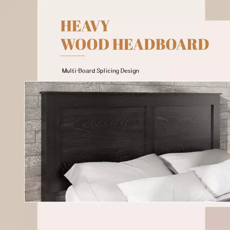 Cadre de lit en bois, taille double/grand lit/très grand lit, silencieux, pas besoin de sommier tapissier, outils de montage faciles, grand rangement sous le lit, noir foncé